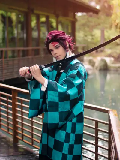 kimetsu no yaiba demon slayer танджиро аниме косплей герой червена коса костюм перука комплект зелен на квадрати хашира главен герой tanjiro kamado