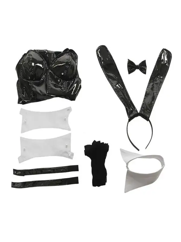 черен лачен бъни костюм изкуствена материя стреч black bunny suit cosplay costume еластичен секси