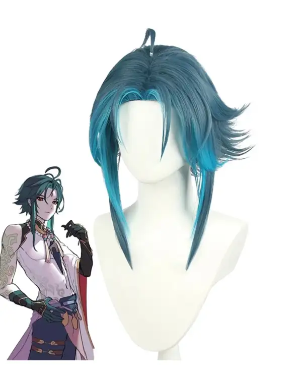 геншин импакт косплей genshin impact cosplay изкуствена коса перука wig шао жао къса омбре цветна синя зелена перука изкуствена коса xiao