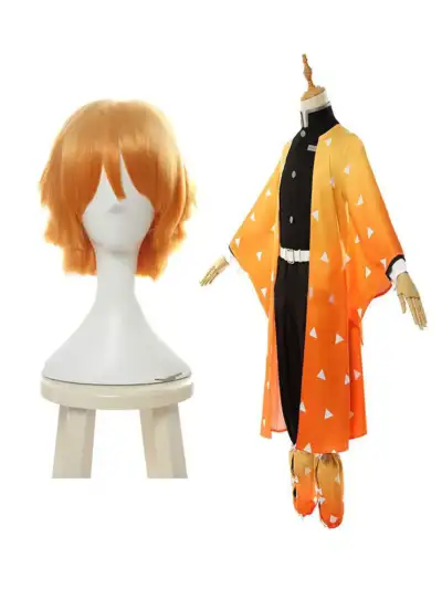 kimetsu no yaiba demon slayer зенитсу агатсума аниме косплей герой омбре жеълта оранжева коса костюм перука комплект жълто оранжево страхлив кимоно хашира главен герой zenitsu agatsuma