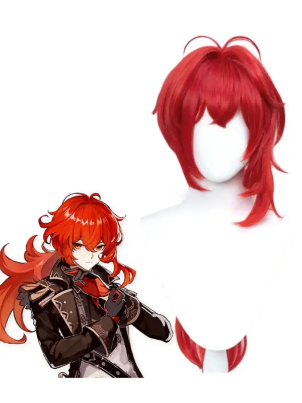 геншин импакт косплей genshin impact cosplay изкуствена коса перука дилък червена wig diluc