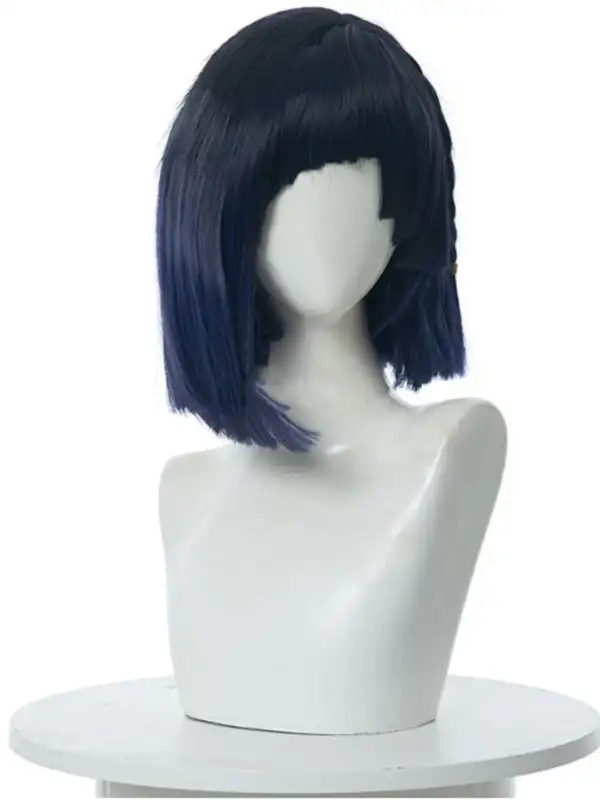 геншин импакт косплей genshin impact cosplay изкуствена коса перука yelan short black blue ombre йелан къса черна синя омбре асиметрична плитка