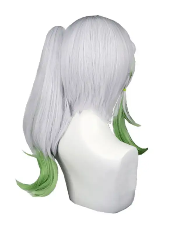 геншин импакт косплей genshin impact cosplay изкуствена коса перука сива бяла омбре зелена нахида опашка nahida wig ponytail ombre wig white