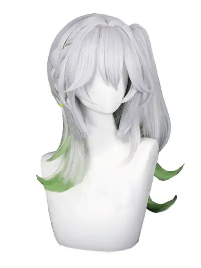 геншин импакт косплей genshin impact cosplay изкуствена коса перука сива бяла омбре зелена нахида опашка nahida wig ponytail ombre wig white