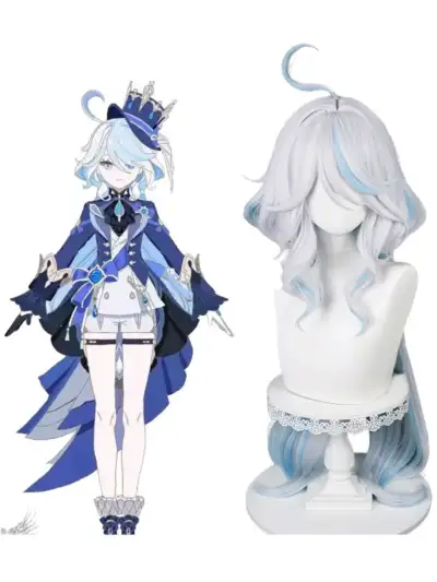 геншин импакт косплей genshin impact cosplay изкуствена коса перука furina wig white long ombre blue фурина fontaine бяла дълга омбре синя